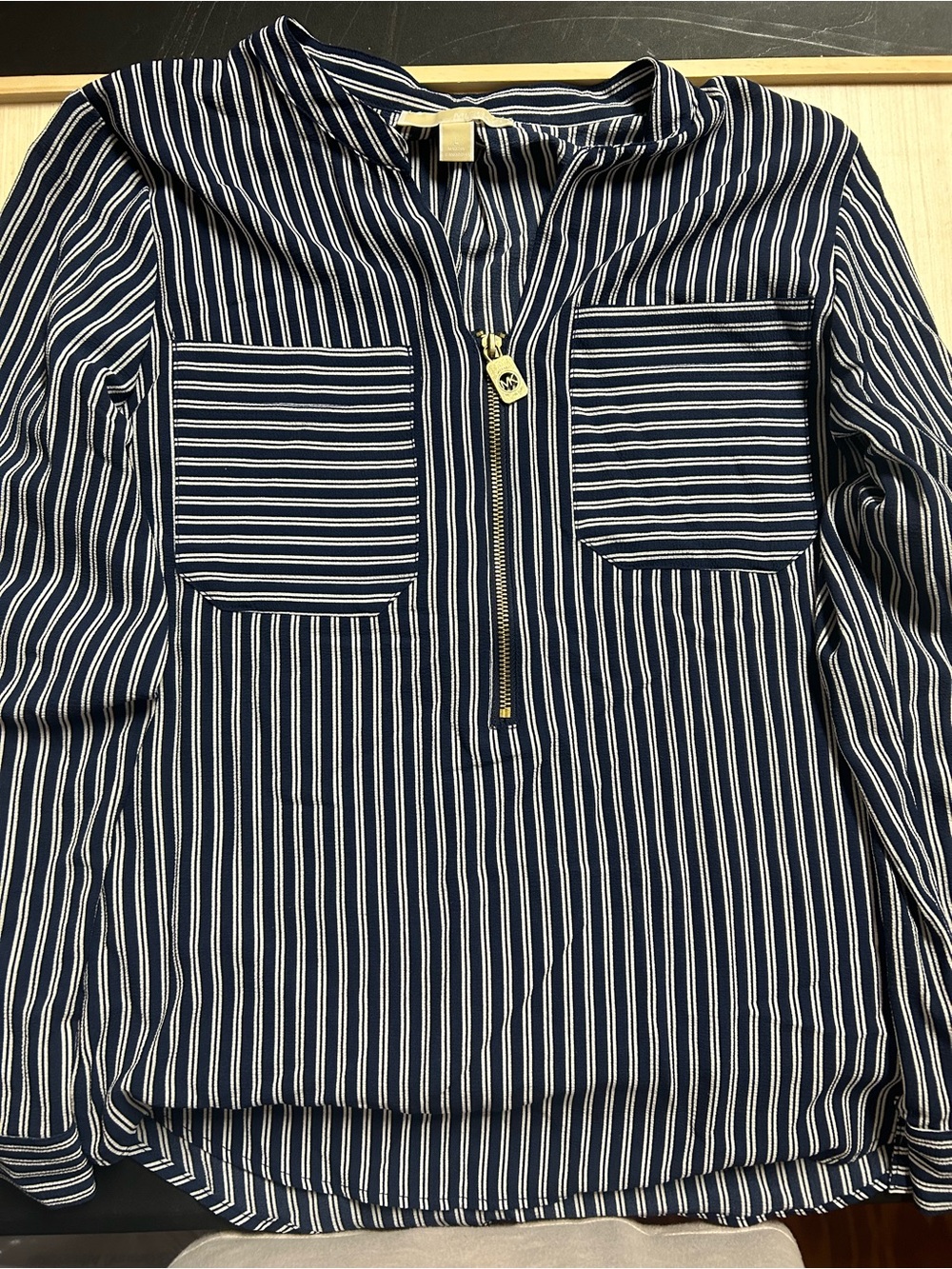 MICHAEL Michael Kors Large Navy White Striped Zip Front Blouse Utility Top